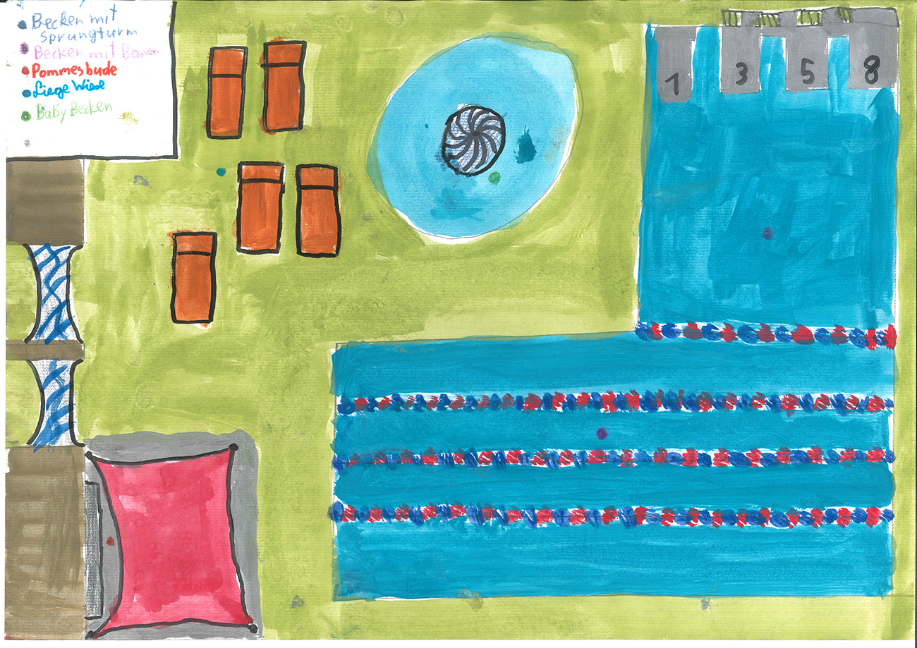 Schwimmbad mit Sprungturm, Schwimmbahnen, Liegewiese, Babybecken und Pommesbude