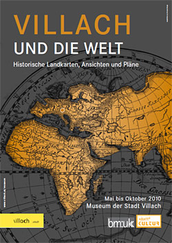 Plakat Sonderausstellung. Weltkarte in Grau und Orange.