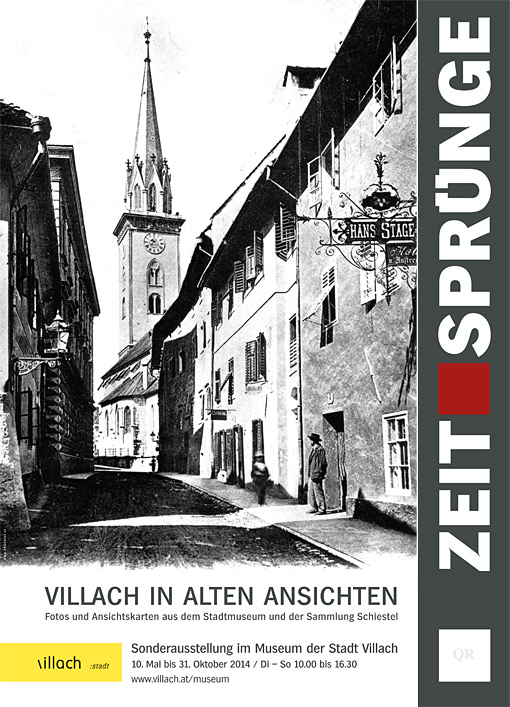 Stadt Villach mit Stadtpfarrturm in einer alten Schwarz-Weiß Aufnahme