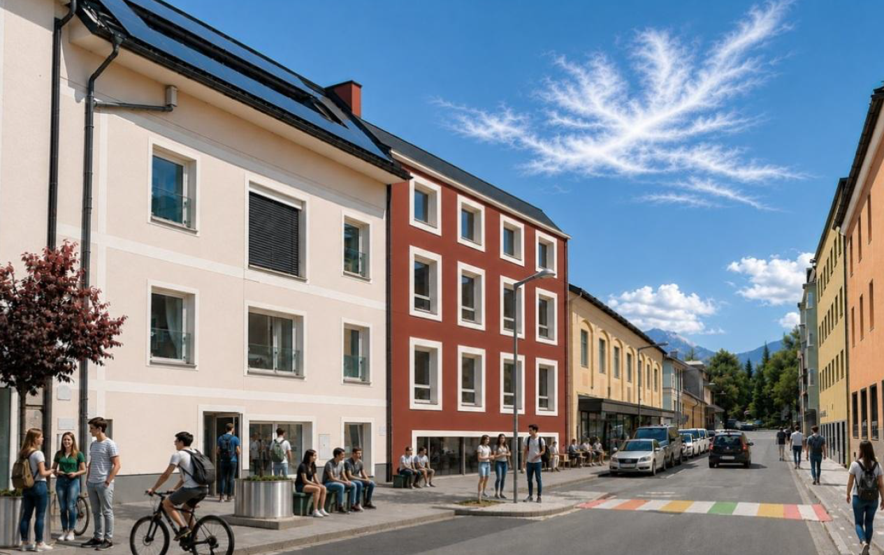 Fassaden von Gebäuden mit Solaranlage, Menschen und Autos in einer Straße mit Zebrastreifen