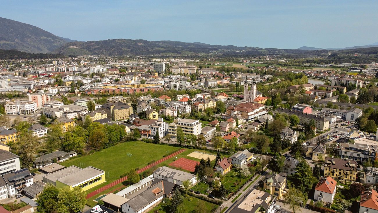 Teile der Villacher Innenstadt, aufgenommen mit einer Drohne