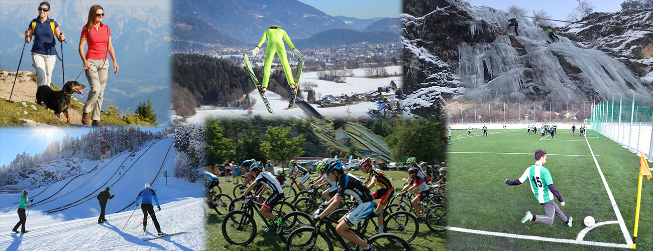 Eine Collage verschiedener Outdoor-Aktivitäten: Radfahren, Fußball spielen, Wandern, Skispringen etc.