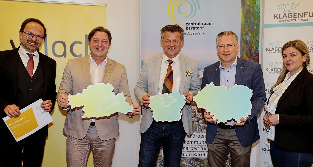 Von links: Joanneum-Forscher Eric Kirschner, die Bürgermeister Günther Albel, Christian Scheider und Martin Kulmer sowie "Zentralraum Kärnten+"-Geschäftsführerin Doris Posch