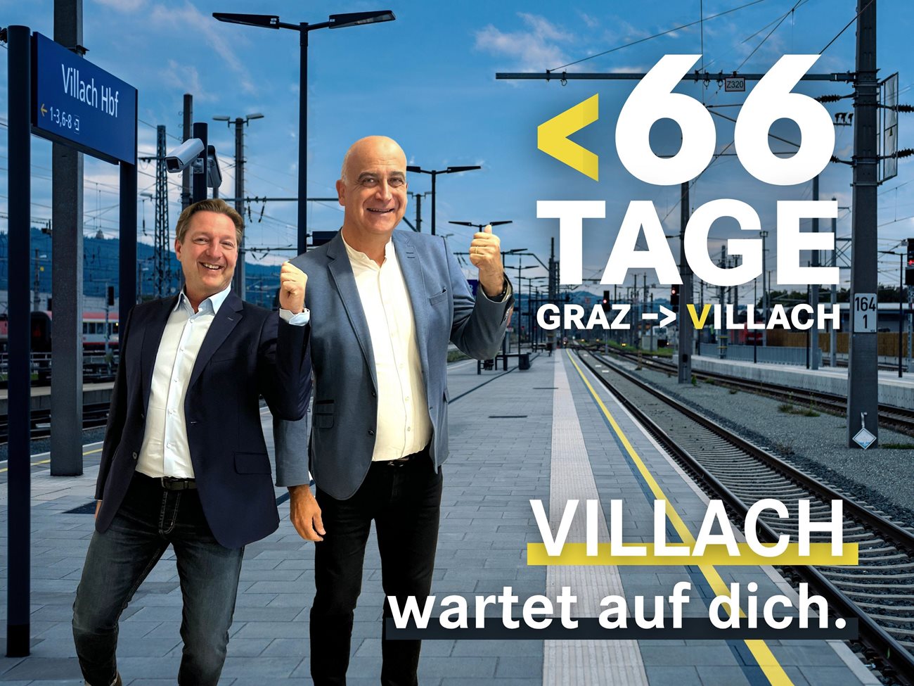 Kampagne zur Koralmbahn: Stadt Villach und Tourismus-Region machen auf Villach aufmerksam. Foto: Bürgermeister Günther Albel und Regions-Geschäftsführer Georg Overs