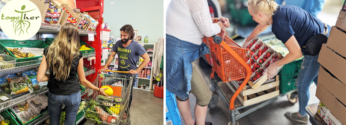 2 Menschen mit Einkaufswagen in einem Geschäft